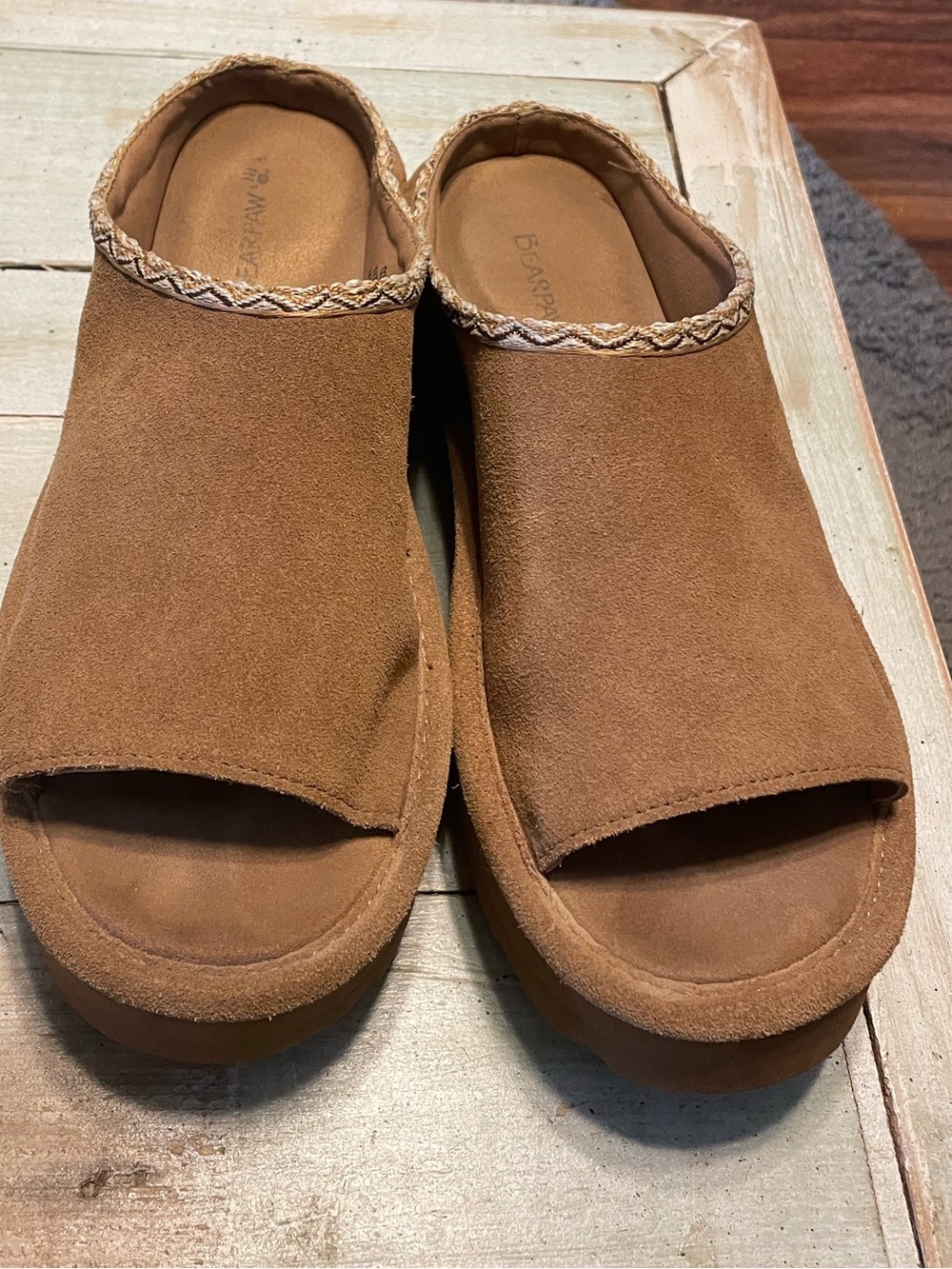 BearPaw Women's Brown Suede Wedge Slide Sandals